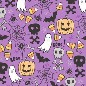 Halloween Doodle with Skulls,Bat,Pumpkin,Spiderweb,Ghost on Purple