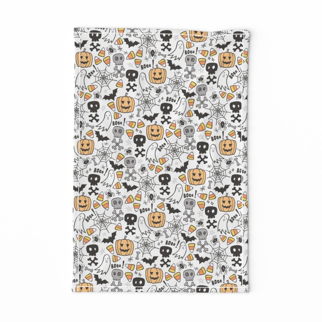 Halloween Doodle with Skulls,Bat,Pumpkin,Spiderweb,Ghost on White