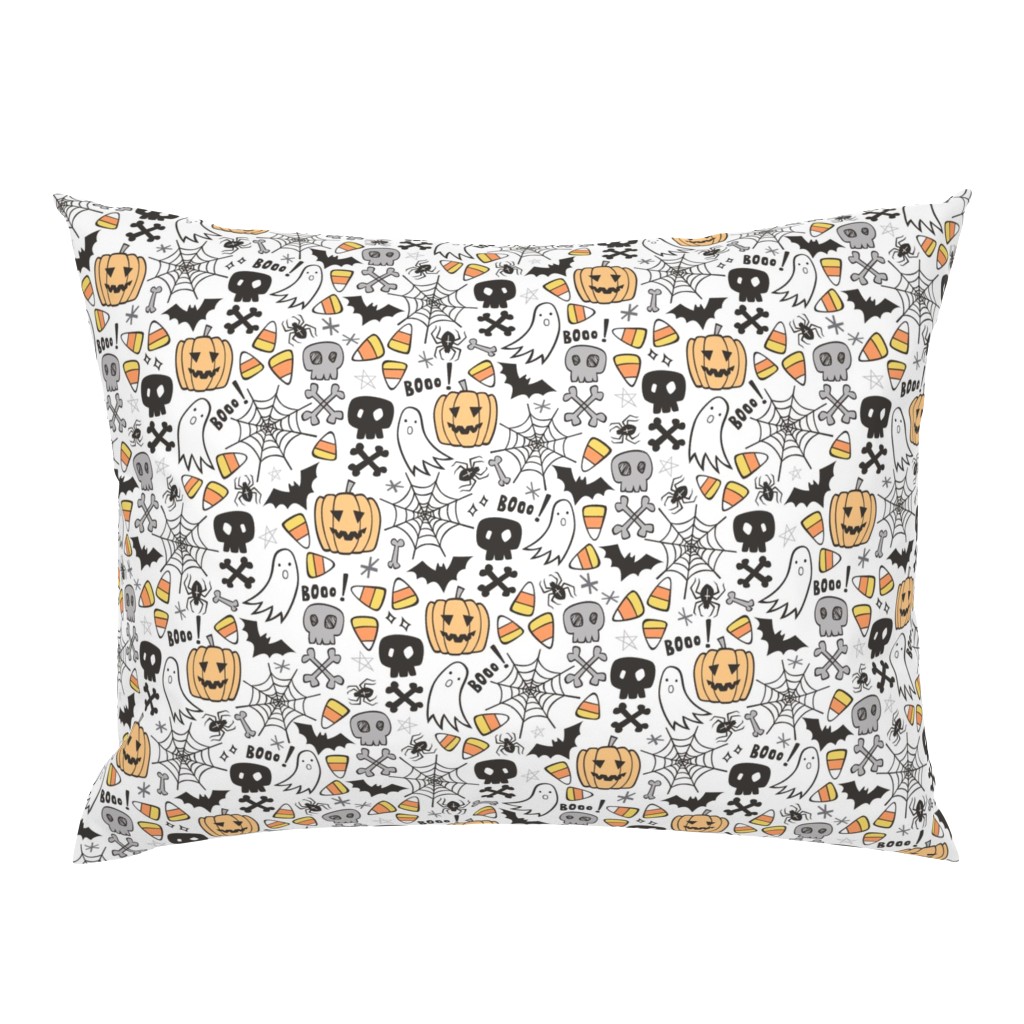 Halloween Doodle with Skulls,Bat,Pumpkin,Spiderweb,Ghost on White