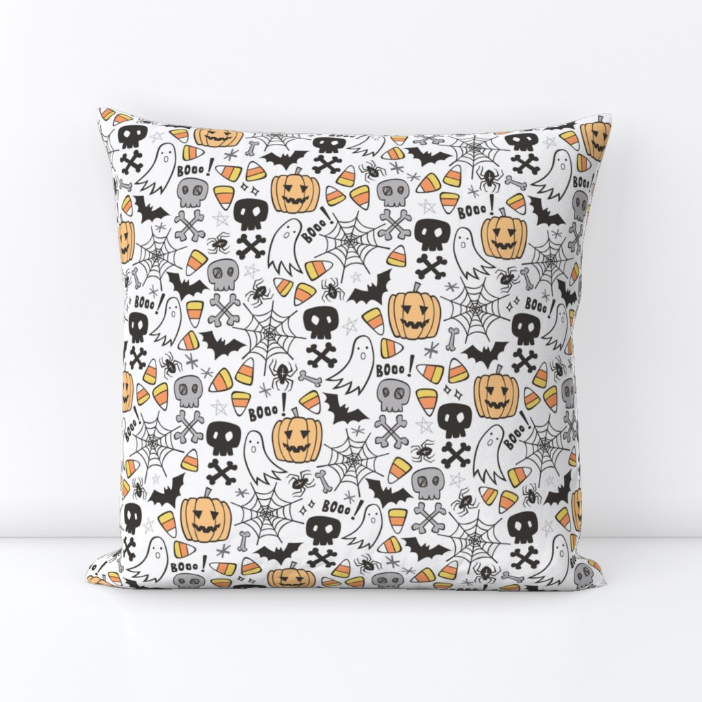 Halloween Doodle with Skulls,Bat,Pumpkin,Spiderweb,Ghost on White