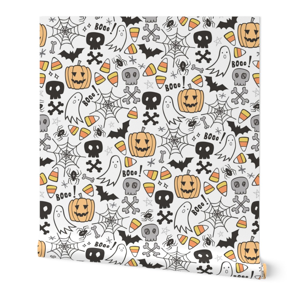 Halloween Doodle with Skulls,Bat,Pumpkin,Spiderweb,Ghost on White