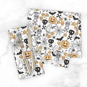 Halloween Doodle with Skulls,Bat,Pumpkin,Spiderweb,Ghost on White