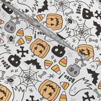 Halloween Doodle with Skulls,Bat,Pumpkin,Spiderweb,Ghost on White