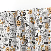 Halloween Doodle with Skulls,Bat,Pumpkin,Spiderweb,Ghost on White