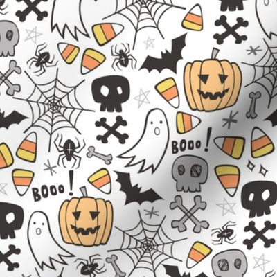 Halloween Doodle with Skulls,Bat,Pumpkin,Spiderweb,Ghost on White