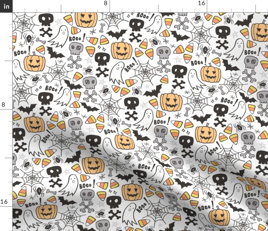 Halloween Doodle with Skulls,Bat,Pumpkin,Spiderweb,Ghost on White