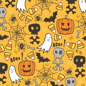 Halloween Doodle with Skulls,Bat,Pumpkin,Spiderweb,Ghost on Yellow Orange