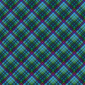 Medium -  Blue and Green Diagonal Plaid with Pink Accents