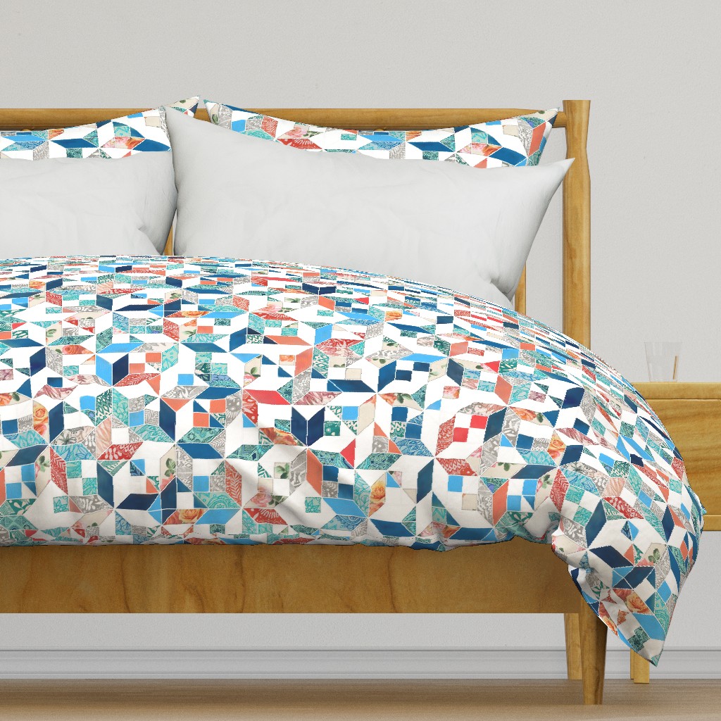 Patchwork Patterns in Coral Red, Blue and Navy on White