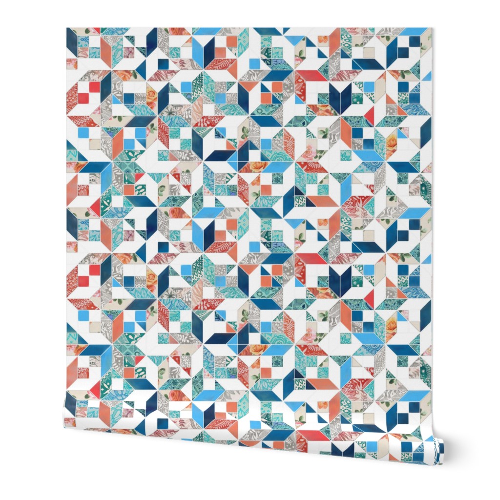 Patchwork Patterns in Coral Red, Blue and Navy on White