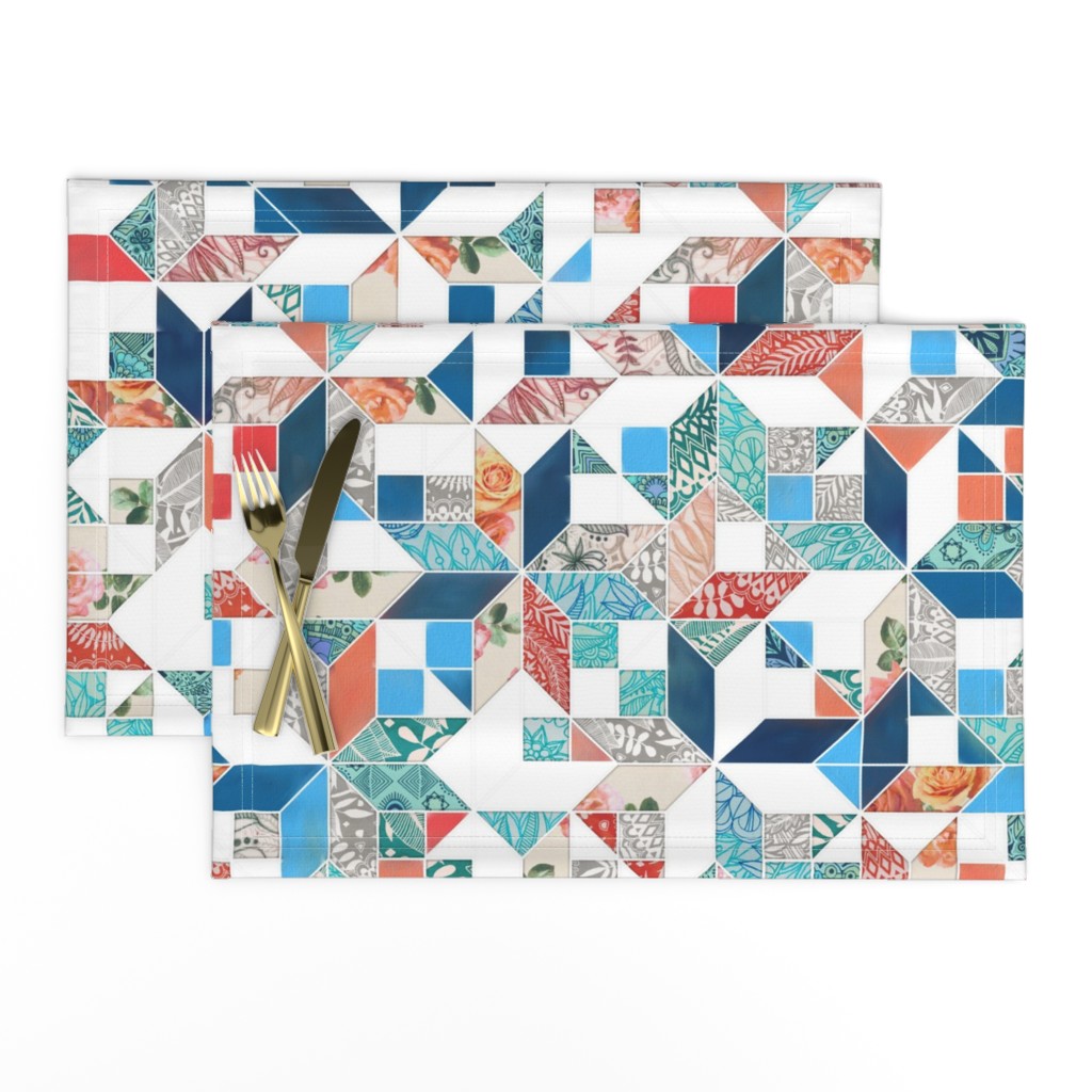 Patchwork Patterns in Coral Red, Blue and Navy on White