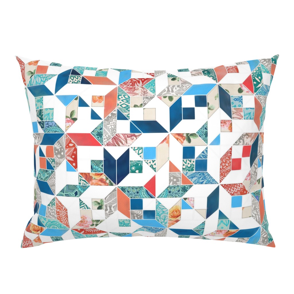 Patchwork Patterns in Coral Red, Blue and Navy on White