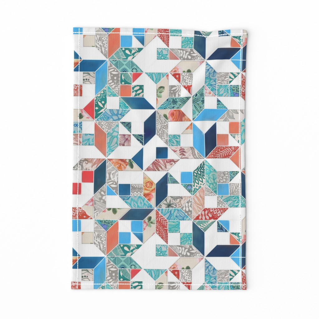 Patchwork Patterns in Coral Red, Blue and Navy on White