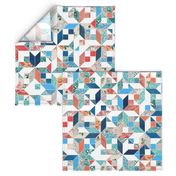 Patchwork Patterns in Coral Red, Blue and Navy on White