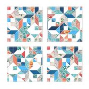 Patchwork Patterns in Coral Red, Blue and Navy on White