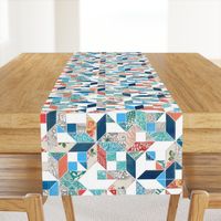 Patchwork Patterns in Coral Red, Blue and Navy on White