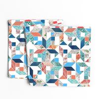 Patchwork Patterns in Coral Red, Blue and Navy on White