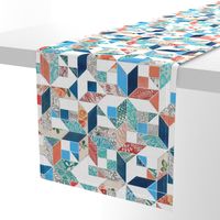 Patchwork Patterns in Coral Red, Blue and Navy on White