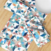 Patchwork Patterns in Coral Red, Blue and Navy on White