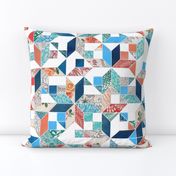 Patchwork Patterns in Coral Red, Blue and Navy on White