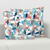 Patchwork Patterns in Coral Red, Blue and Navy on White