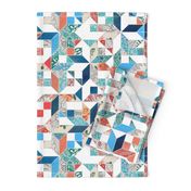 Patchwork Patterns in Coral Red, Blue and Navy on White