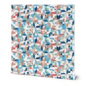 Patchwork Patterns in Coral Red, Blue and Navy on White