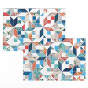 Patchwork Patterns in Coral Red, Blue and Navy on White