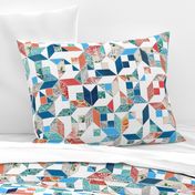 Patchwork Patterns in Coral Red, Blue and Navy on White