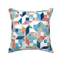 Patchwork Patterns in Coral Red, Blue and Navy on White