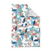 Patchwork Patterns in Coral Red, Blue and Navy on White