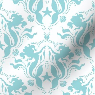 Mermaid Damask Aqua/White