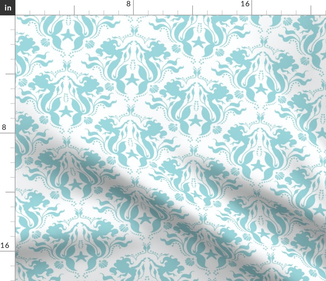 Mermaid Damask Aqua/White