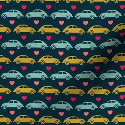 VW Beetle Love - Blue + Olive + Pink - Small