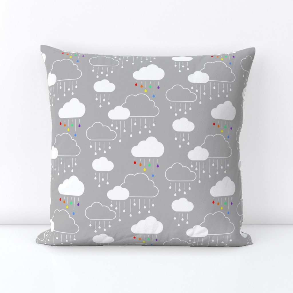 Clouds + Rain - White and Rainbow on Gray