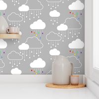 Clouds + Rain - White and Rainbow on Gray