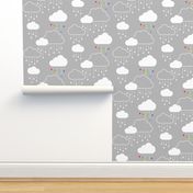 Clouds + Rain - White and Rainbow on Gray