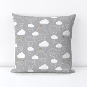 Clouds + Rain - White and Rainbow on Gray
