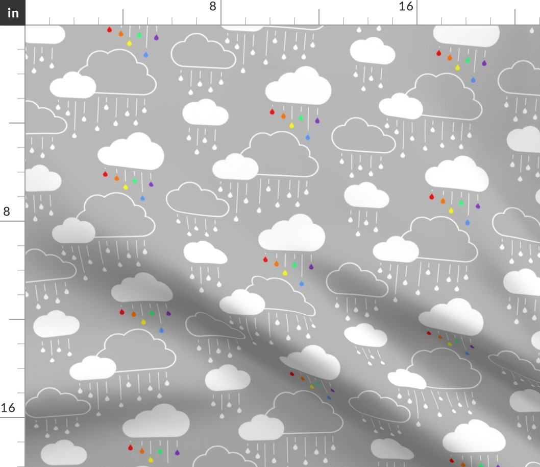 Clouds + Rain - White and Rainbow on Gray