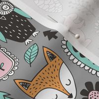 Fall Woodland Forest Doodle with Fox, Owl, Squirrel, Hedgehog,Trees, Mushrooms and Flowers on Grey
