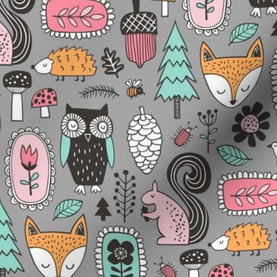 Fall Woodland Forest Doodle with Fox, Owl, Squirrel, Hedgehog,Trees, Mushrooms and Flowers on Grey