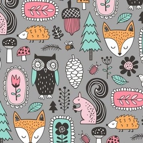 Fall Woodland Forest Doodle with Fox, Owl, Squirrel, Hedgehog,Trees, Mushrooms and Flowers on Grey