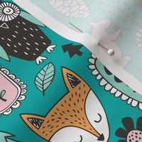 Fall Woodland Forest Doodle with Fox, Owl, Squirrel, Hedgehog,Trees, Mushrooms and Flowers 