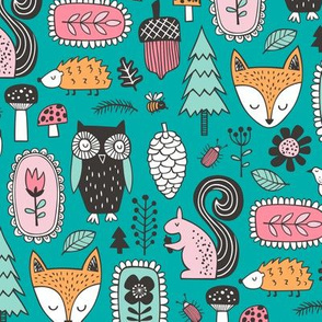 Fall Woodland Forest Doodle with Fox, Owl, Squirrel, Hedgehog,Trees, Mushrooms and Flowers 
