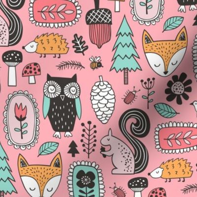 Fall Woodland Forest Doodle with Fox, Owl, Squirrel, Hedgehog,Trees, Mushrooms and Flowers on Pink