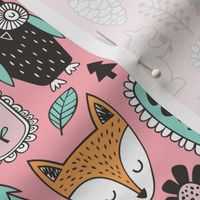 Fall Woodland Forest Doodle with Fox, Owl, Squirrel, Hedgehog,Trees, Mushrooms and Flowers on Pink