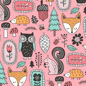 Fall Woodland Forest Doodle with Fox, Owl, Squirrel, Hedgehog,Trees, Mushrooms and Flowers on Pink