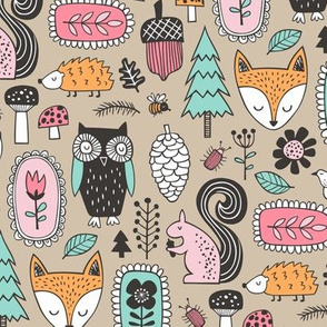 Fall Woodland Forest Doodle with Fox, Owl, Squirrel, Hedgehog,Trees, Mushrooms and Flowers on Almond