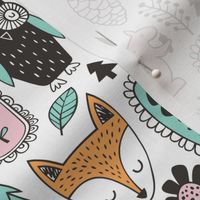 Fall Woodland Forest Doodle with Fox, Owl, Squirrel, Hedgehog,Trees, Mushrooms and Flowers on White