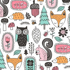 Fall Woodland Forest Doodle with Fox, Owl, Squirrel, Hedgehog,Trees, Mushrooms and Flowers on White